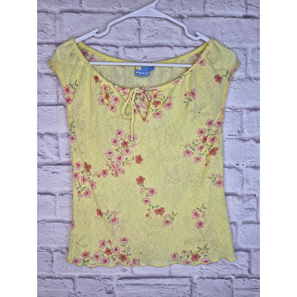 VTG Roxy Y2K Floral Top Large Yellow Lettuce  Cap Sleeve Sheer Burnout Tie Neck
